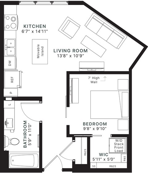 Floor plan for studio, 1 bath, 572 sqft
